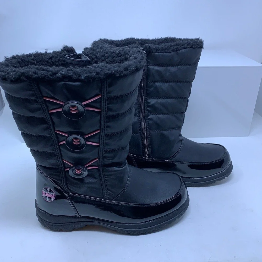 Totes Girls Size 4 Black Pink Dana Thermolite Faux Fur Quilted Winter Boots NWT